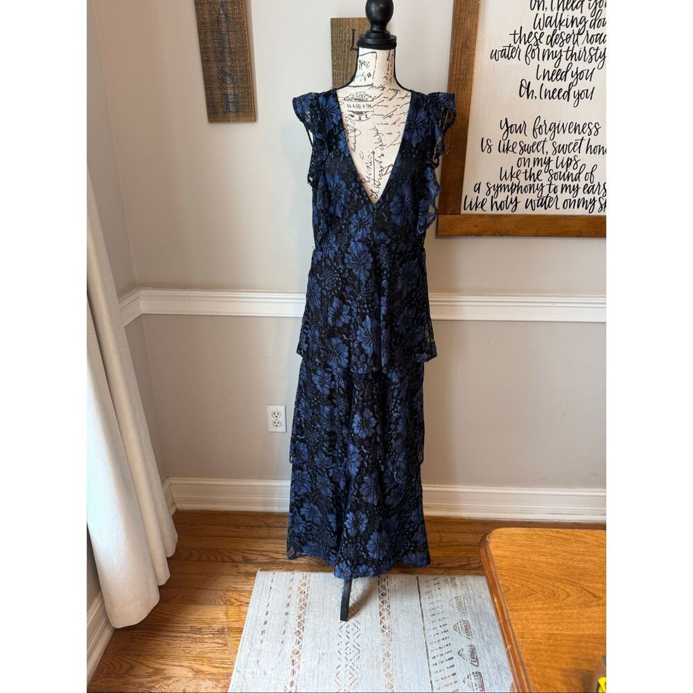 Lulus Womens Molinetto Lace Ruffled Tiered Sleeveless Maxi Dress Navy Blue Large